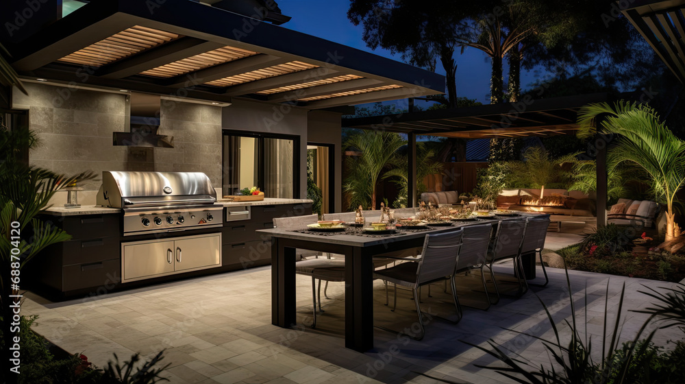 Obraz premium Smart Home's outdoor kitchen with automated BBQ grills
