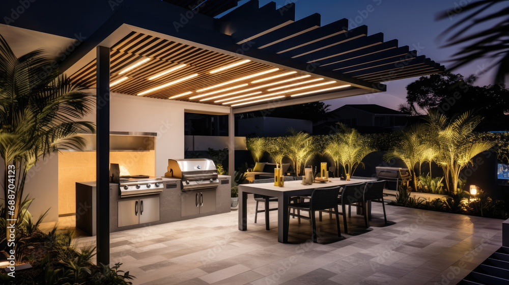 Outdoor kitchen and dining area automated BBQ grills