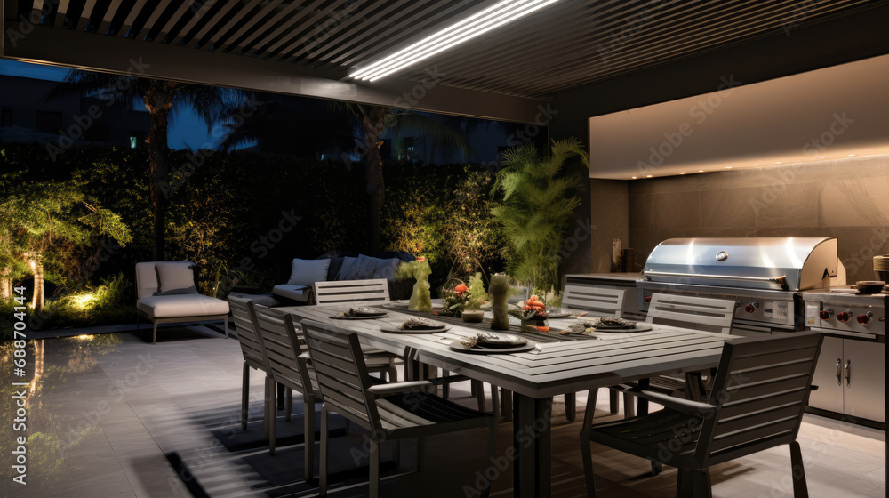 Outdoor kitchen with automated BBQ grills in Smart Home