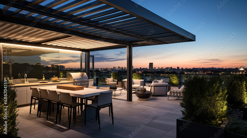 Automated rooftop terrace with retractable awnings in Smart Home