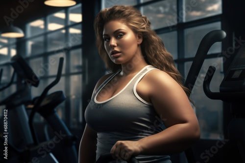 A body-positive woman in gray sportswear demonstrates endurance, determination and a positive attitude in a fitness club, posing against the background of exercise equipment.