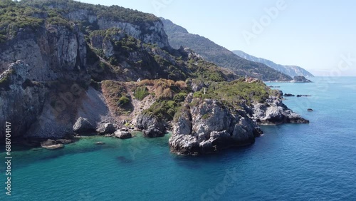 Aerial view of turquoise blue Mediterranean water on the coast of Samos, Greek Aegean Sea photo