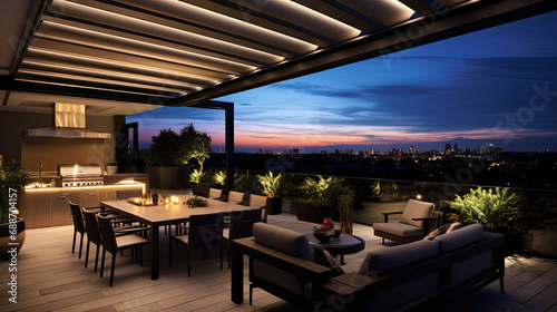 Smart Home s rooftop terrace with automated retractable awnings