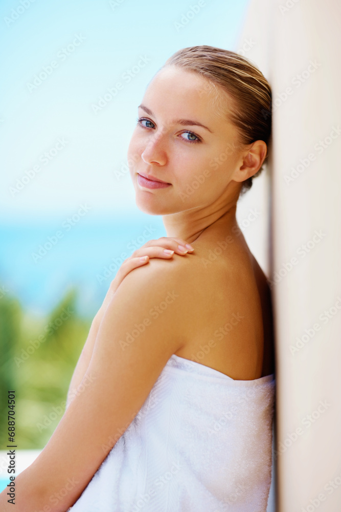 Woman, spa and outdoor with skincare, health or hands with face for results with blue sky background. Girl, touch skin and facial change in portrait, beauty and transformation for wellness in nature Woman, spa and outdoor with skincare, health or hands with face for results with blue sky background. Girl, touch skin and facial change in portrait, beauty and transformation for wellness in nature