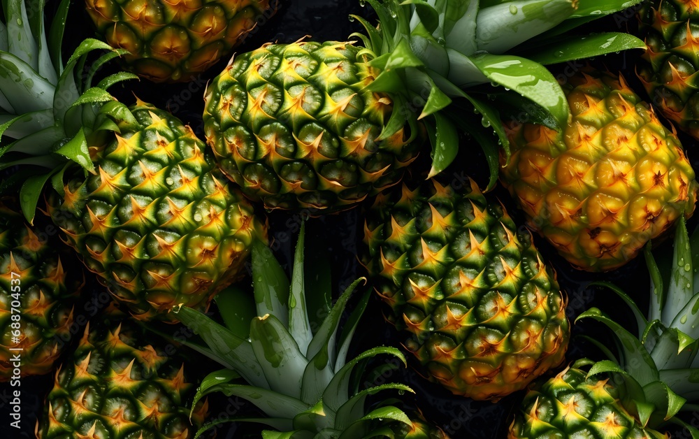 Fresh Pineapples with Waterdrops on Dark Background