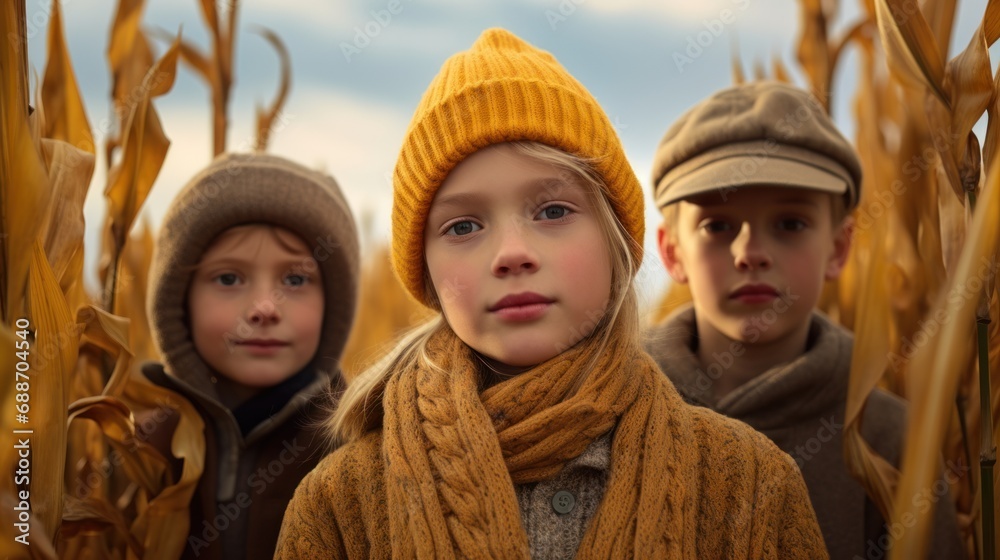 Obraz premium A boy and two girls, members of a family, share a moment of joy against a backdrop of golden corn, celebrating their bond during the fall season.