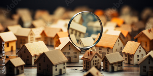 Detailed close-up of miniature cardboard houses viewed through a magnifying glass, representing real estate analysis or property search concept on a wooden surface