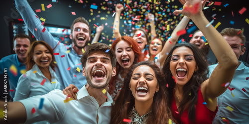 Joyful diverse group of friends or colleagues celebrating with confetti, cheering and laughing together in a festive atmosphere at a party or successful corporate event