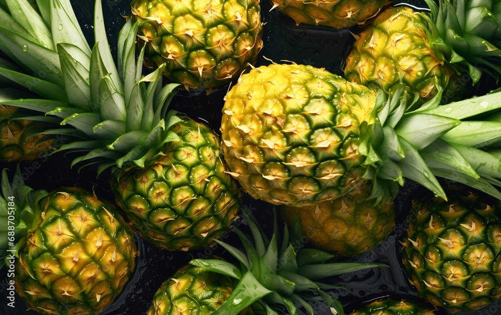 Fresh Pineapples with Waterdrops on Dark Background