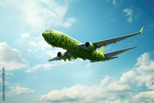 Eco-friendly air transport concept. The plane flies in the sky covered with green foliage. Environmental pollution. Harmful emissions. Ecological fuel.