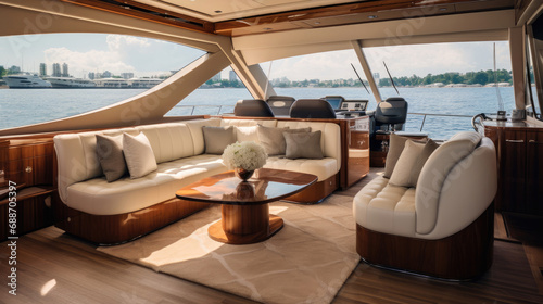 Yacht's Lavish Salon Rich Mahogany Finishes Plush Upholstery Expansive Windows Nautical Elegance © javier