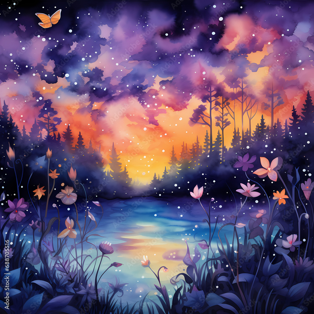 a vivid symphony featuring abstract fireflies with watercolor-inspired strokes during nightfall with mirage-like distortions