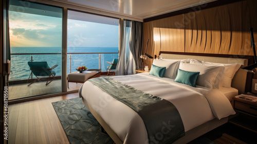 Spacious First-Class Cruise Cabin King-Sized Bed Private Balcony High-End Finishes Oceanfront Views