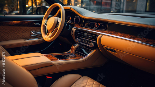 Luxury Car Interior Handcrafted Leather Exquisite Wood Veneers High-Tech Features © javier