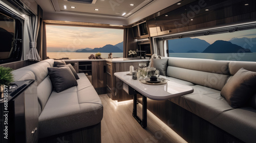 Bespoke Motorhome Lounge Smart Home Integration Panoramic Views Inviting Atmosphere