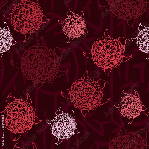 Raspberries and blackberries with abstract elements. Vector seamless pattern. Hand drawn illustrations.