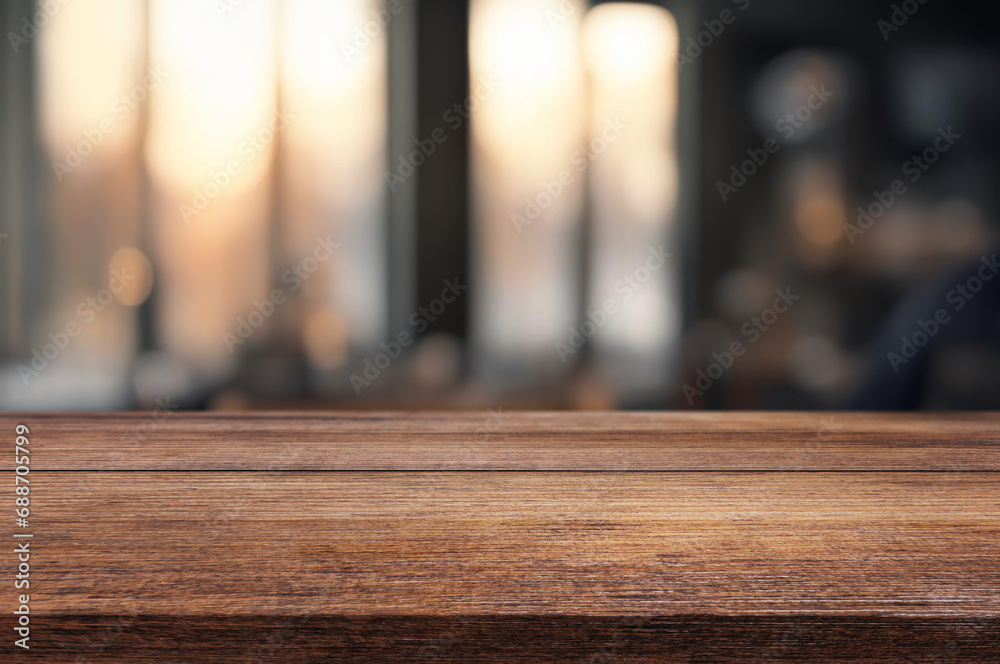 Wooden table or surface with blurred interior background Wooden table or surface with blurred interior background