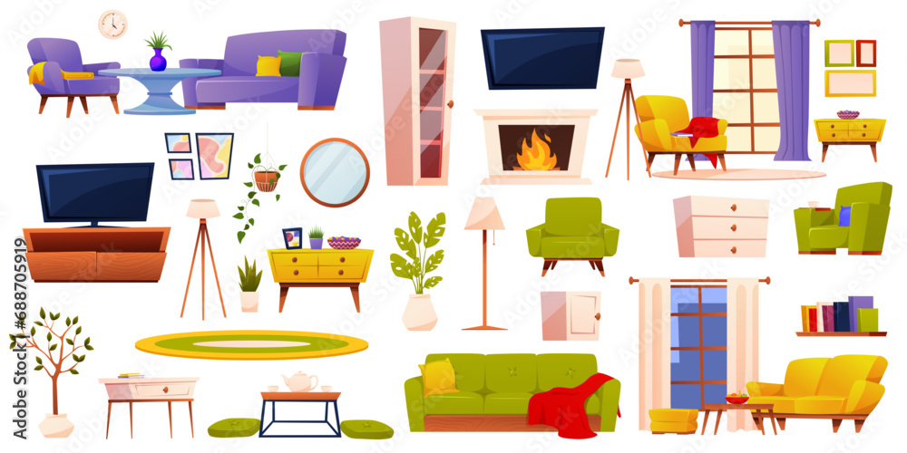 Living room interior set. Comfy modern workplace and lounge extensive collection isolated. Vector illustration EPS10