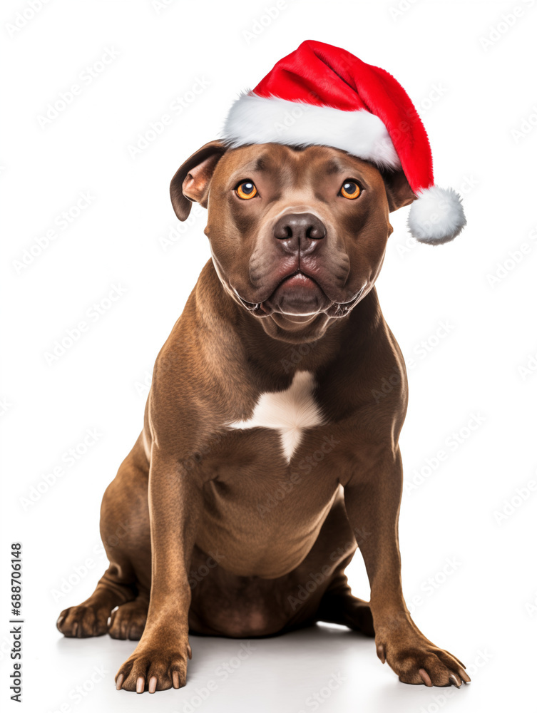Staffordshire Bull Terrier in Santa Hat Sitting on White Background Staffordshire Bull Terrier in Santa Hat Sitting on White Background