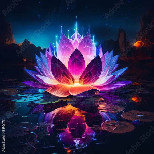a vivid mirage featuring the neon glow of lights, cosmic influences, and abstract lotus elements during nightfall © Cao