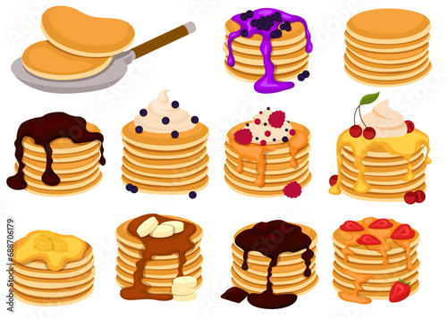 Set of four pancakes with different toppings. Stacks of tasty pancakes with maple syrup, butter, chocolate syrup, fruits and jam. Hotcake morning cuisine.