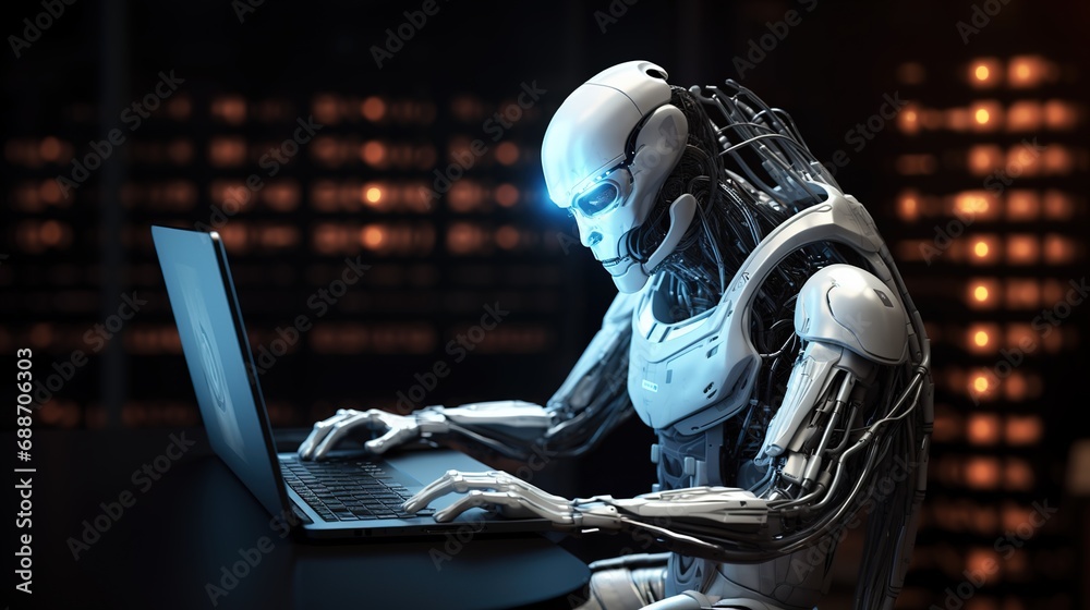 humanoid mechanized robot studying and working on a laptop humanoid mechanized robot studying and working on a laptop