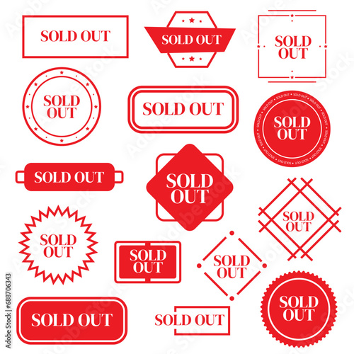 Sold out badges set. Sale stickers set. Sold out banners, labels, stamps, and signs isolated on white background