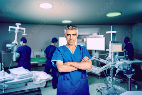 Doctor in crossing arms standing in operation room wearing hospital uniform looking at camera.