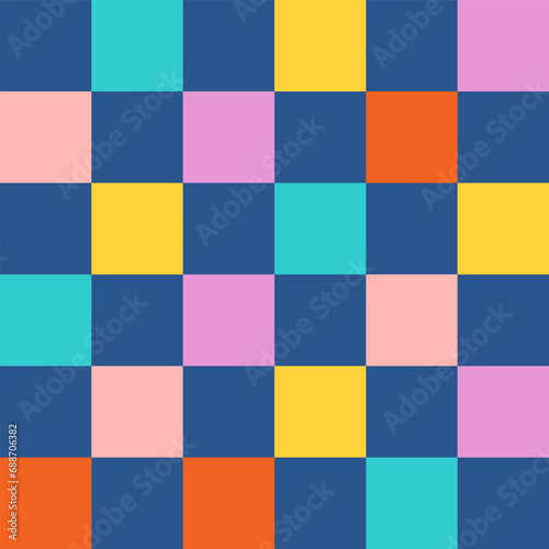 Groovy checkered seamless pattern, vintage aesthetic background, psychedelic checkerboard texture. Funky hippie fashion textile print, retro background with distorted grid tile vector pattern set © Viktoriia
