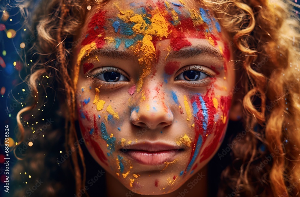Little girl with her face painted with colorful paints. AI generative Little girl with her face painted with colorful paints. AI generative