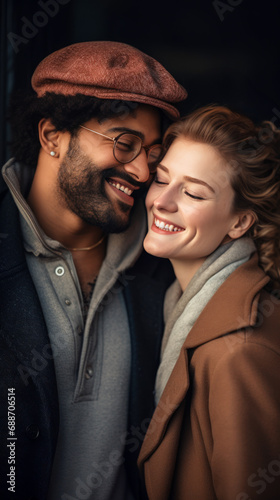 Multiethnic couple in love in winter clothing in a romantic embrace, sharing a tender moment.