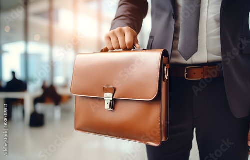 hands of businessman holding a briefcase on blurred office background