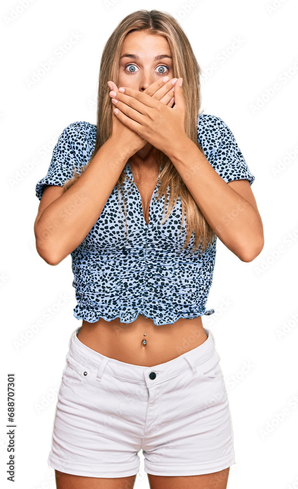 Young blonde woman wearing casual clothes shocked covering mouth with hands for mistake. secret concept. Young blonde woman wearing casual clothes shocked covering mouth with hands for mistake. secret concept.