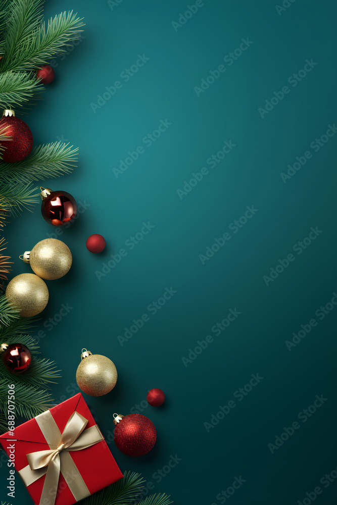 Christmas background decoration with bauble ornament, Red gift box, fir branches and balls on green with copy space, Xmas theme greeting card banner
