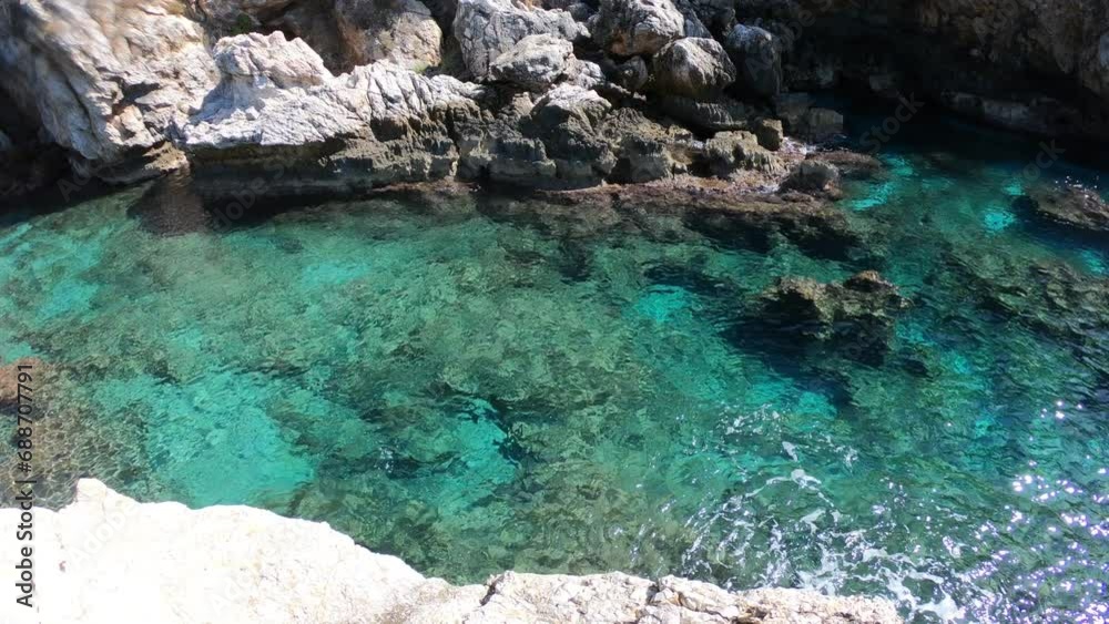 Aerial view of turquoise blue Mediterranean water on the coast of Samos, Greek Aegean Sea Aerial view of turquoise blue Mediterranean water on the coast of Samos, Greek Aegean Sea