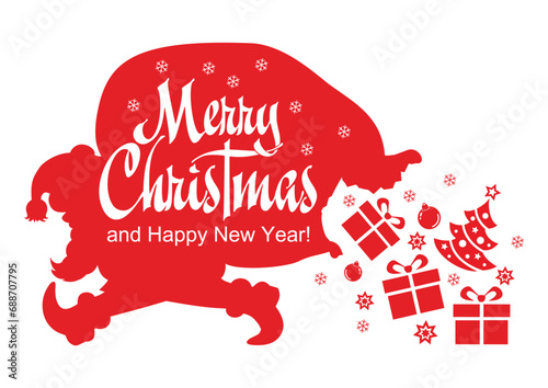 Merry Christmas and a happy new year. Template of banner with Silhouette of Santa Claus carries a heavy bag full of gifts. Cartoon vector header for greeting card on transparent background