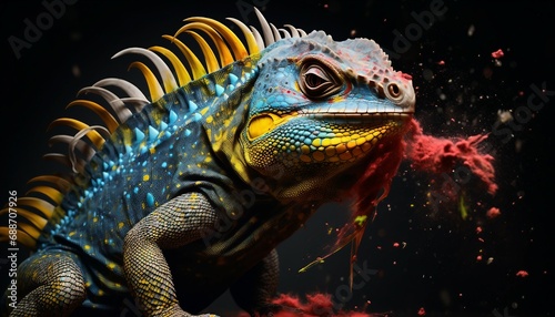 Painted colorful lizzard animal, they show off in beautiful colors, Blue iguana on a black background with fire effect. Fantasy animal.