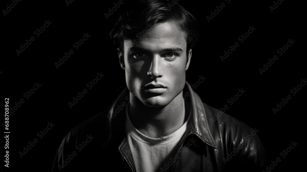 1970's black and white photography portrait of a young, wearing leather jacket, and lit from the front against a black background 1970's black and white photography portrait of a young, wearing leather jacket, and lit from the front against a black background