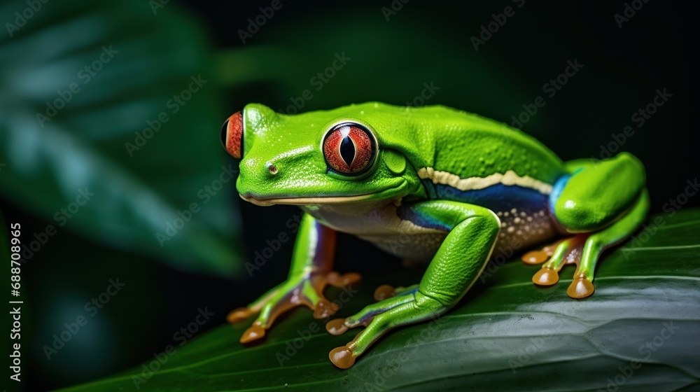  a green frog sitting on top of a leafy tree branch with a green frog sitting on top of it's head.
