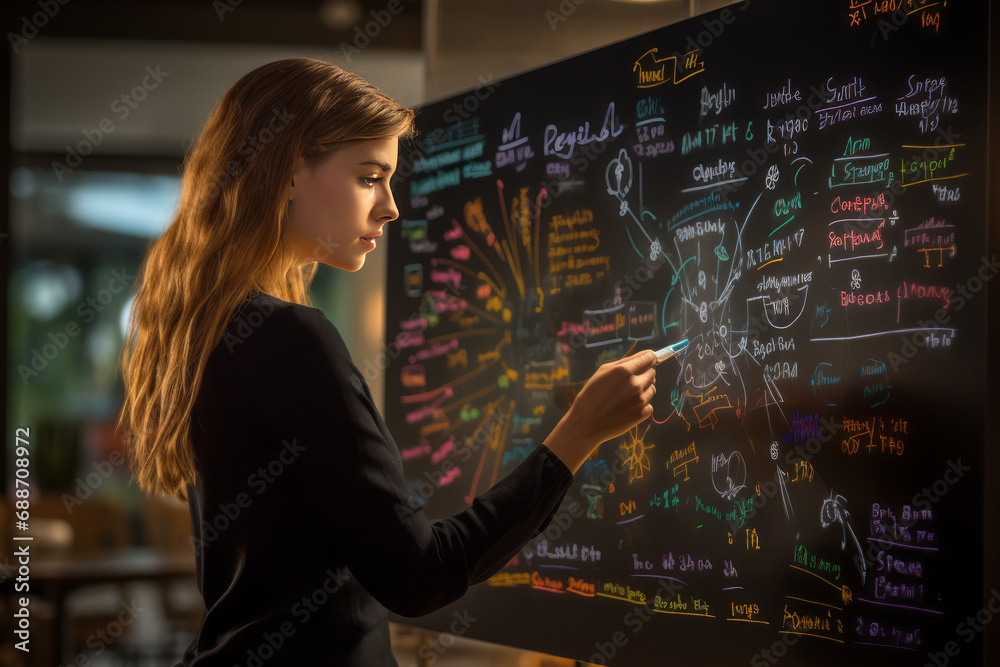 Beautiful woman takes notes on a black board in the office. - obrazy, fototapety, plakaty 