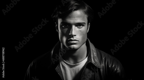 1970's black and white photography portrait of a young, wearing leather jacket, and lit from the front against a black background