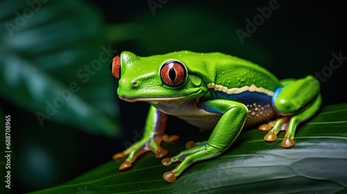  a green frog sitting on top of a leafy tree branch with a green frog sitting on top of it's head. © Jevjenijs