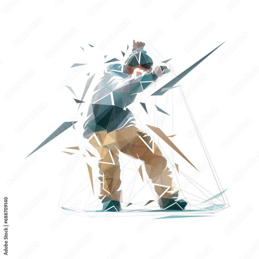 Snowboarding, isolated low poly vector illustration, winter sport athlete, snowboarder - obrazy, fototapety, plakaty 
