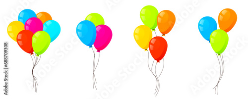 Balloons flying up. Air baloons groups, festive decorations floating. Baloons bunches, bundles. Festive decorations floating, soaring. Helium ballons decor on strings.
