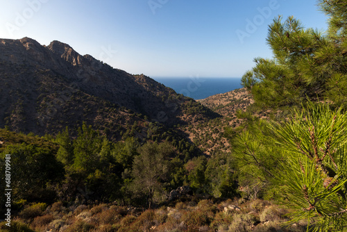 View to the Halari Canyon and the Aegean sea on the remote Greek Island of Ikaria