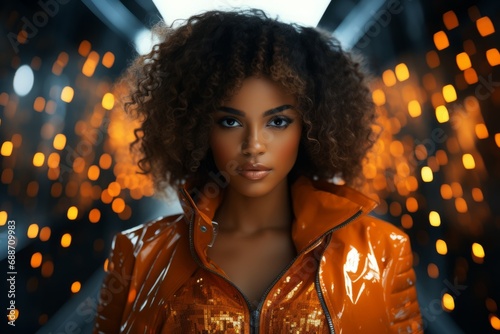 A Young Beautiful Black Woman in Shiny Orange Jacket in Front of a Tunnel of Orange Lights. A woman wearing a shiny orange jacket