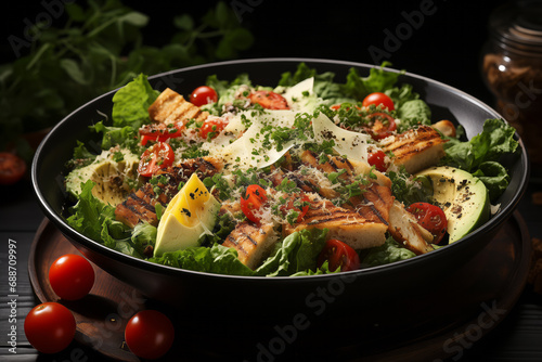 A delicious chicken caesar salad with parmesan cheese, dressing and croutons