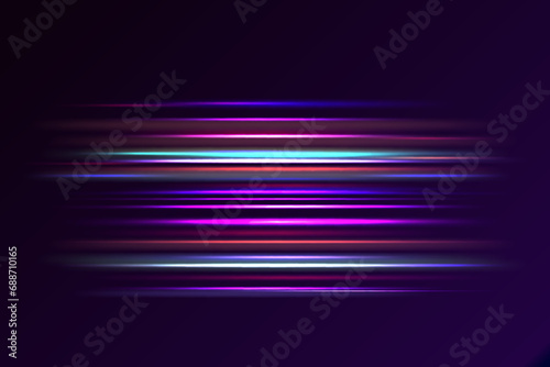 Colorful light trails with motion effect. Speed trail lines motion background. Lines of light, speed and movement. Vector lens flare.