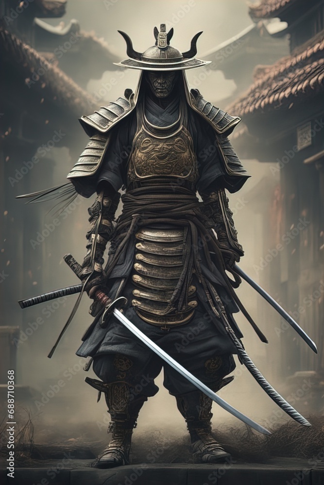 Fototapeta premium Ghost Samurai, samurai warrior bound by a ghostly curse, wearing shabby samurai armor 