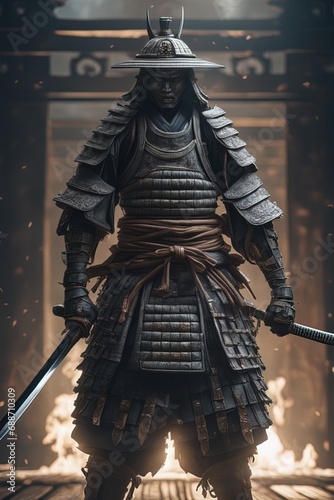 Ghost Samurai, samurai warrior bound by a ghostly curse, wearing shabby samurai armor 